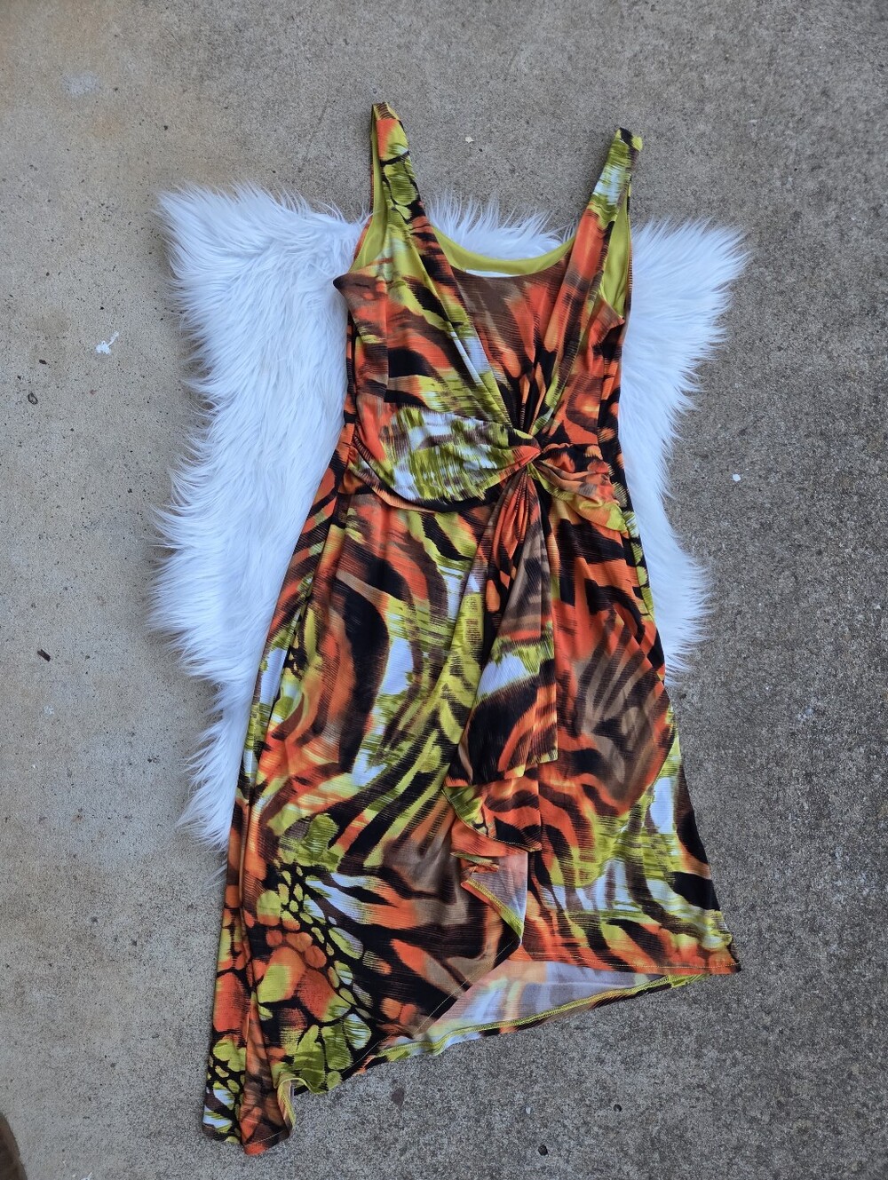 Kelly & Diane - Twist Knot-Front Sleeveless Dress in Orange and Lime - Size 10
